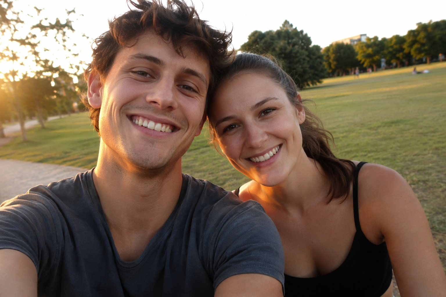 Run 1, 5 seconds at 720p on the fast tier, finished in 138 seconds: the couple selfie remade as two tabby cats - same park, same golden-hour light, same selfie framing